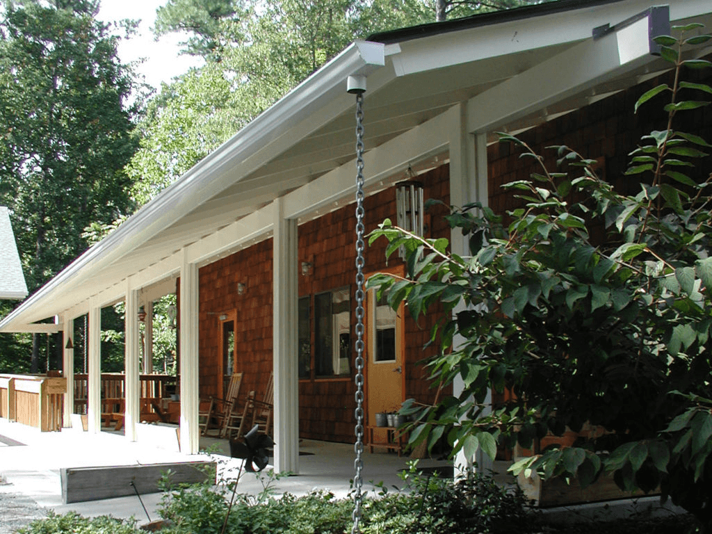 a house surrounded by plants and trees