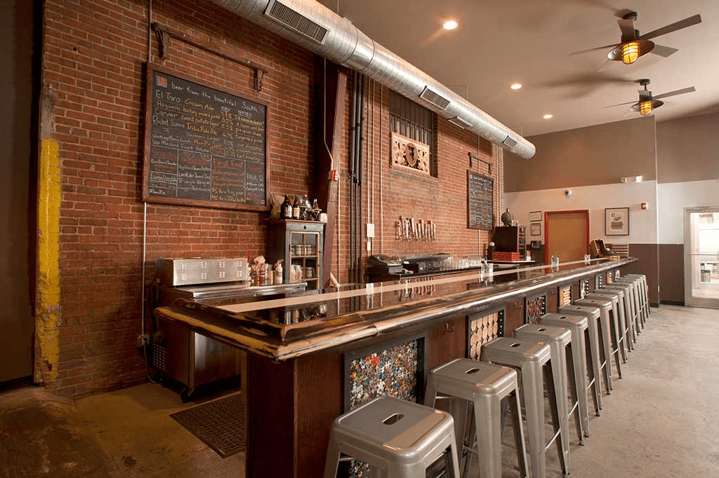 a bar with a bunch of stools in front of it
